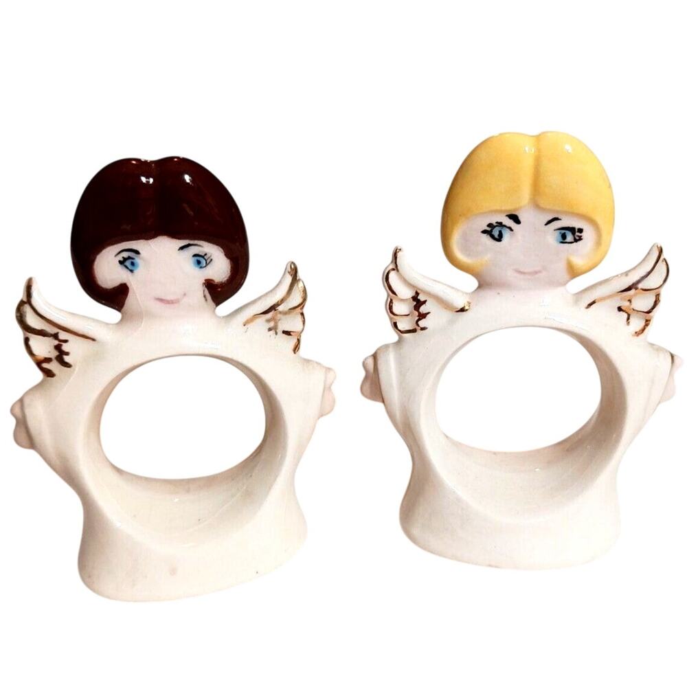 2 Porcelain Angel Napkin Ring Holders Christmas Blonde Brown Ceramic Vintage‎